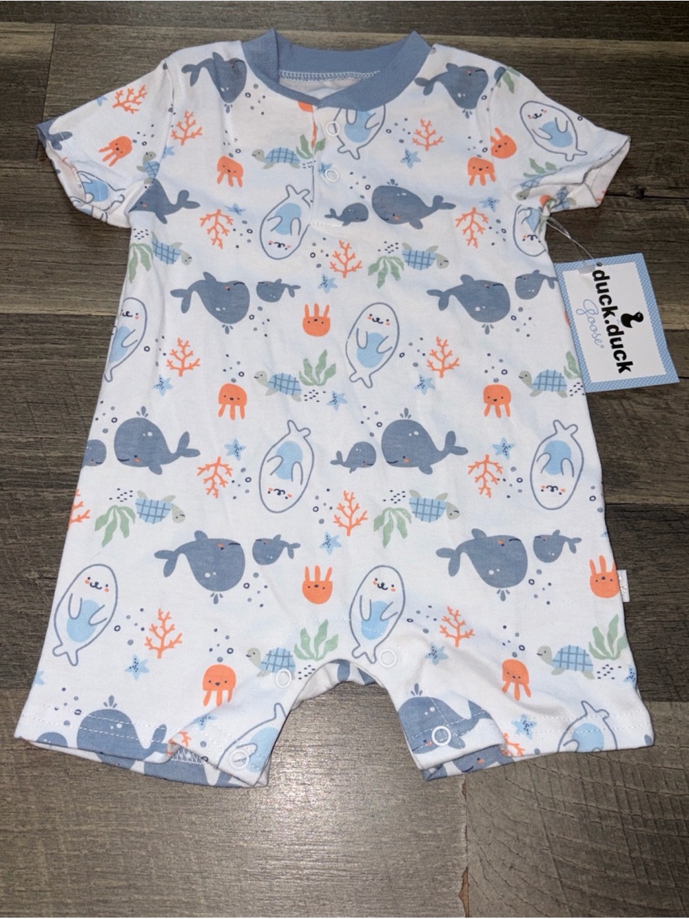 Duck Duck Goose Baby Romper Boy Blue White Sea Animals NEW Size 6-9 M Months